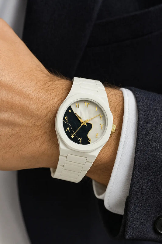 Arabic Aura White Watch ( Black Marble)
